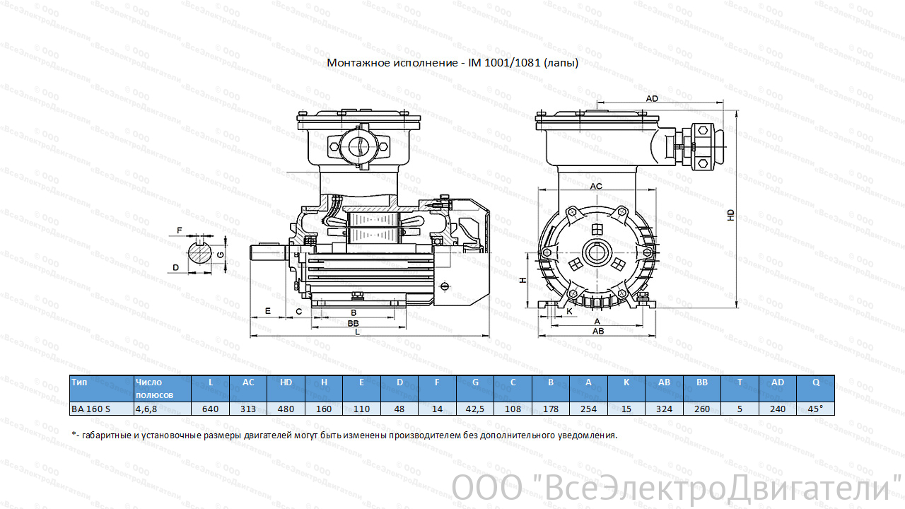Электродвигатель ЭЛМАШ ВА 160 S4 IM1081 1ExdIIBT4 У2 Б01 (15 кВт 1500 об/мин)2002364